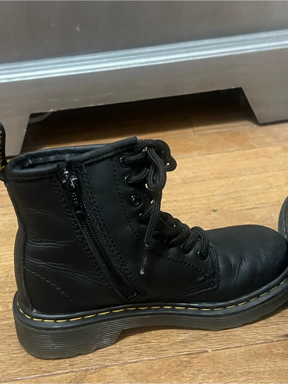 Dr. Martens Black Lace-Up kids Combat Boots with Yellow Stitching